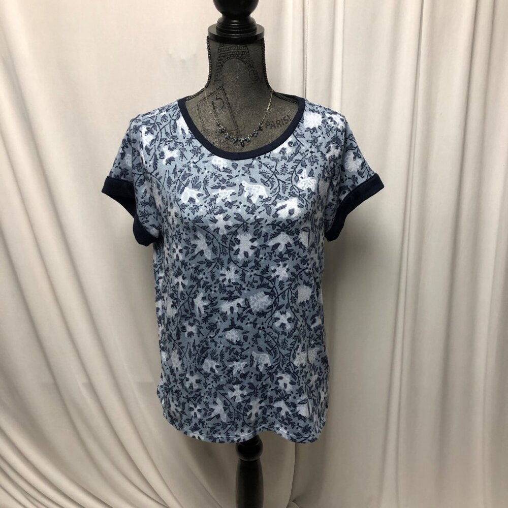 Lucky Brand Knit Top Women Size Medium Floral Print Blue White Soft T Shirt